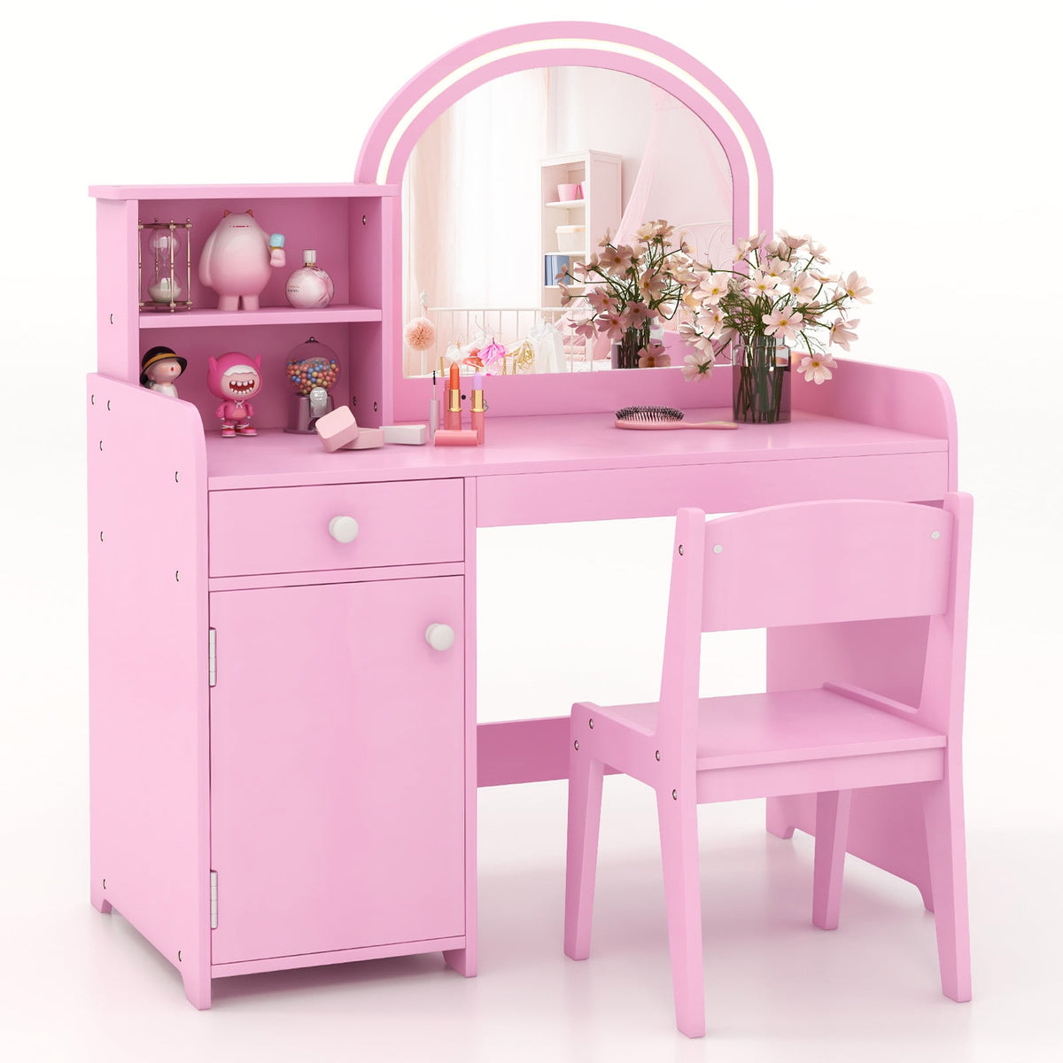 Kids Vanity Table and Chair Set with Shelves Drawer and Cabinet-Pink-Kids Vanities-DECOROLALA