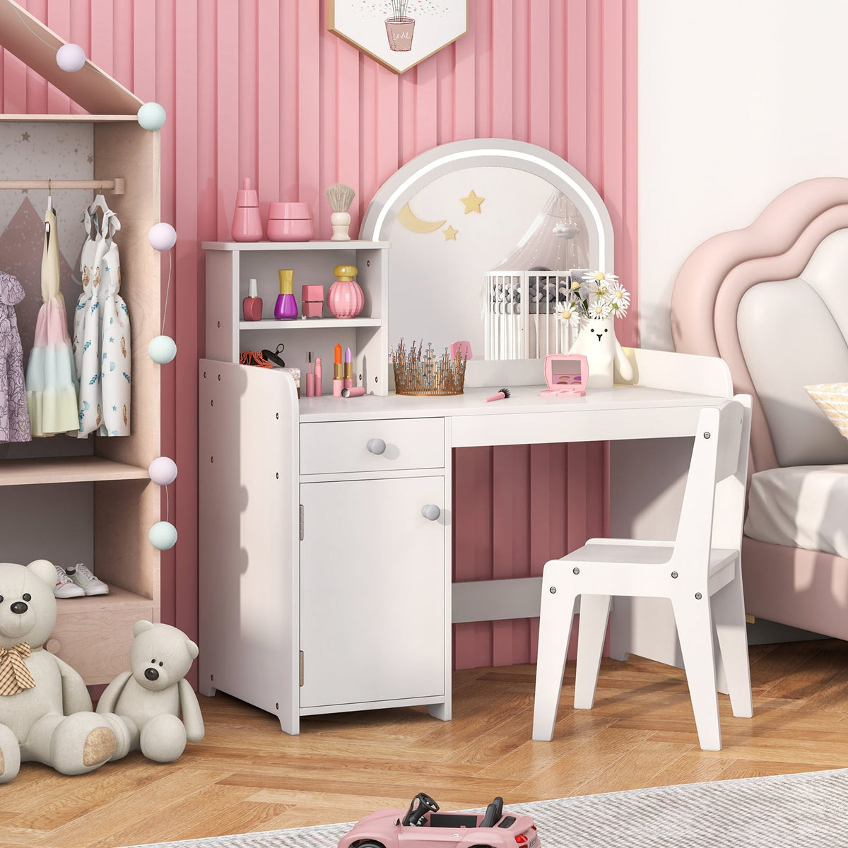 Kids Vanity Table and Chair Set with Shelves Drawer and Cabinet-White-Kids Vanities-DECOROLALA