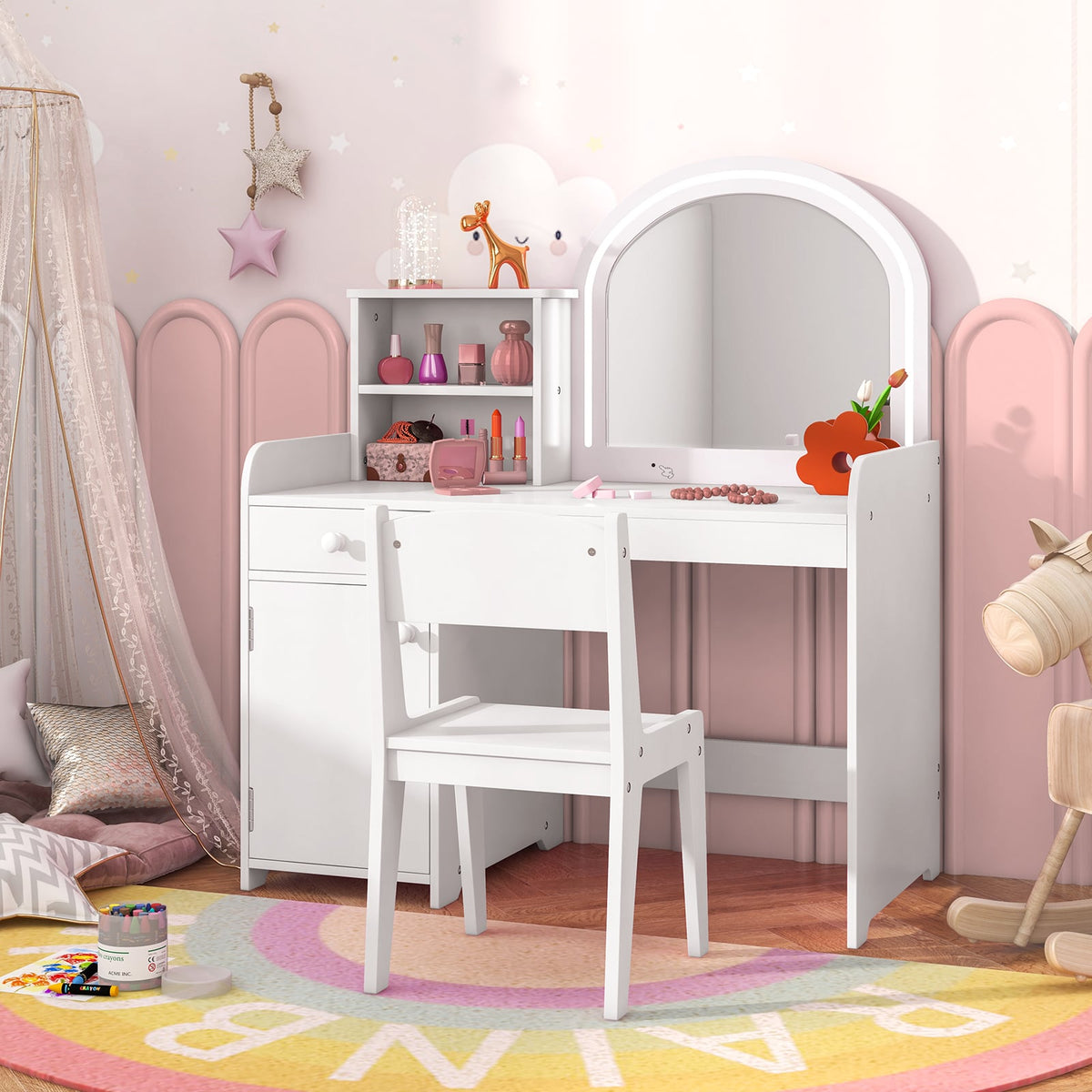 Kids Vanity Table and Chair Set with Shelves Drawer and Cabinet-White-Kids Vanities-DECOROLALA