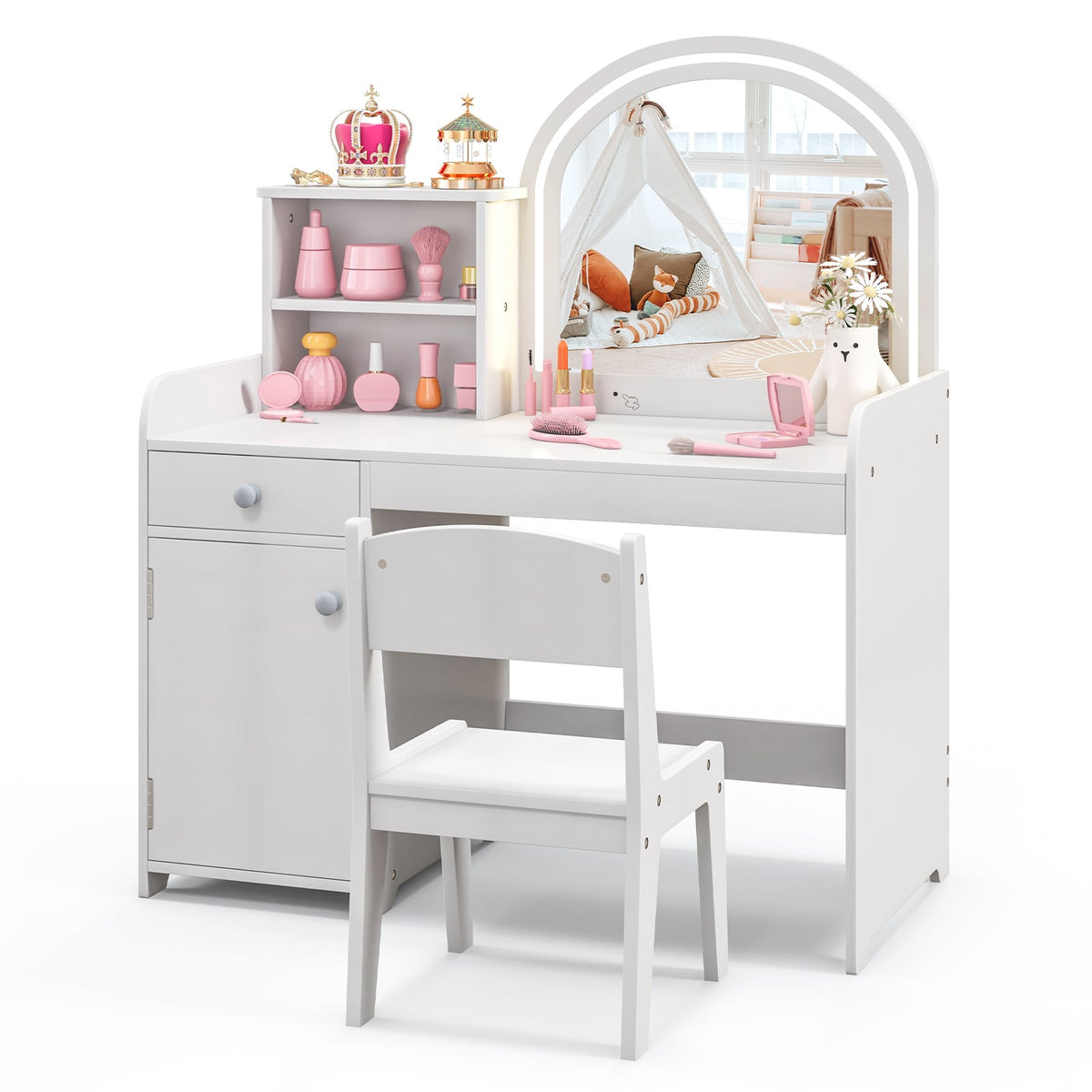 Kids Vanity Table and Chair Set with Shelves Drawer and Cabinet-White-Kids Vanities-DECOROLALA