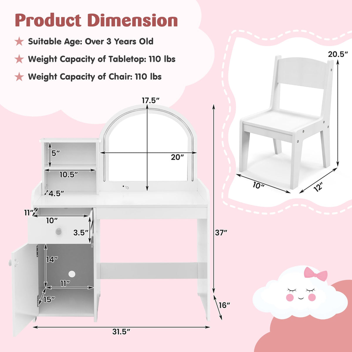 Kids Vanity Table and Chair Set with Shelves Drawer and Cabinet-White-Kids Vanities-DECOROLALA