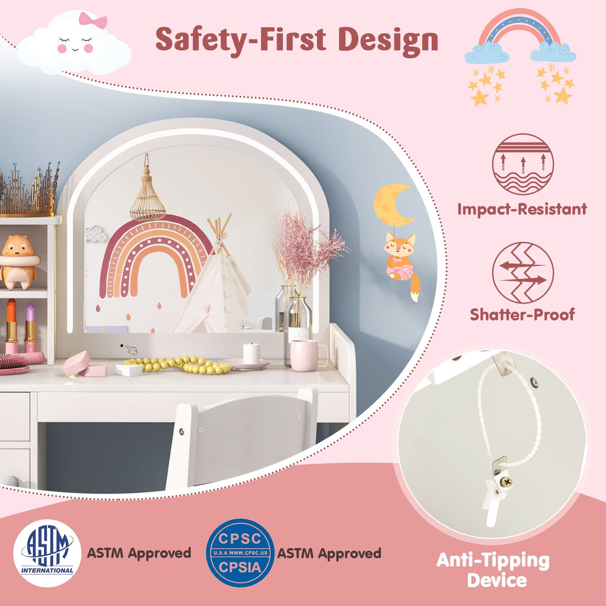 Kids Vanity Table and Chair Set with Shelves Drawer and Cabinet-White-Kids Vanities-DECOROLALA