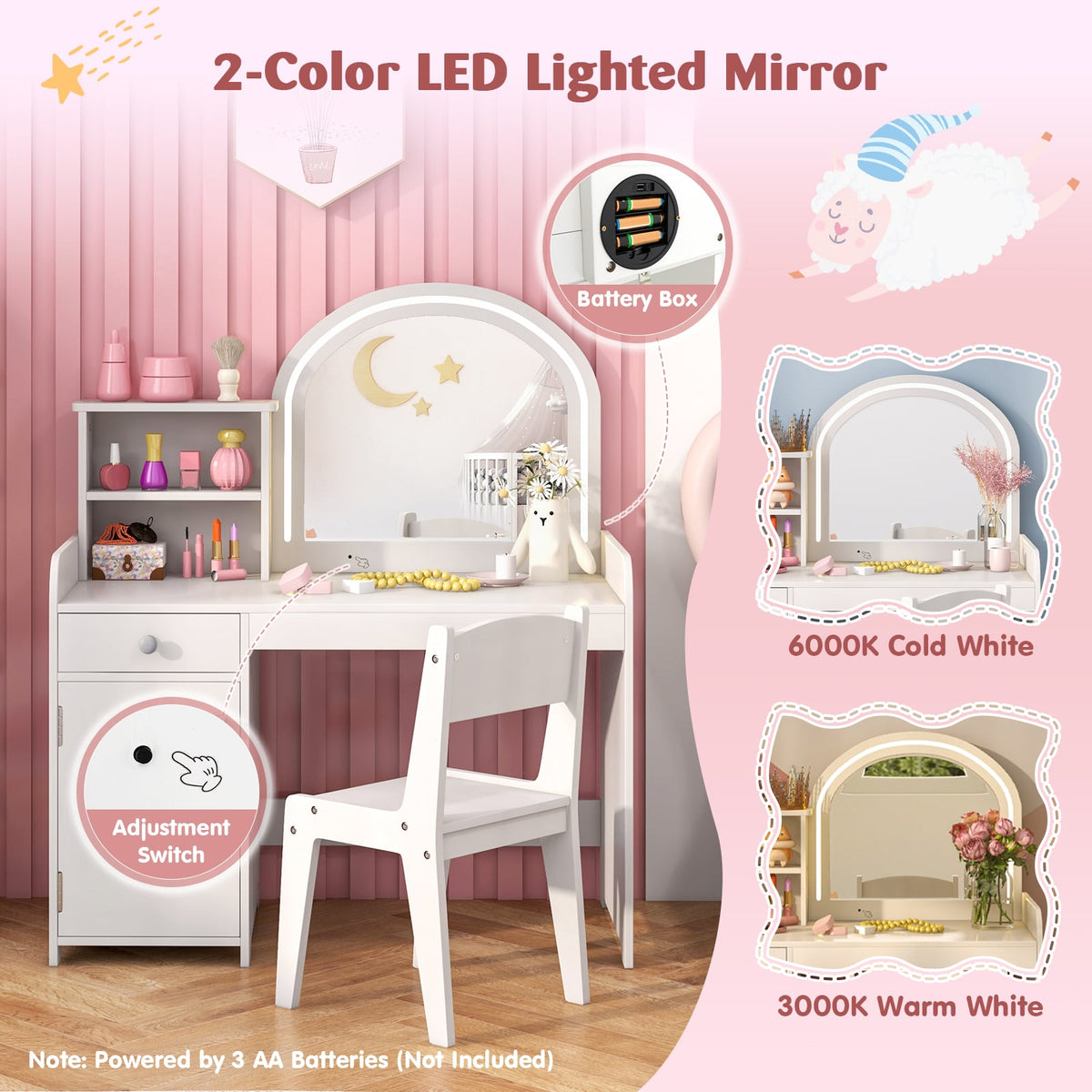 Kids Vanity Table and Chair Set with Shelves Drawer and Cabinet-White-Kids Vanities-DECOROLALA