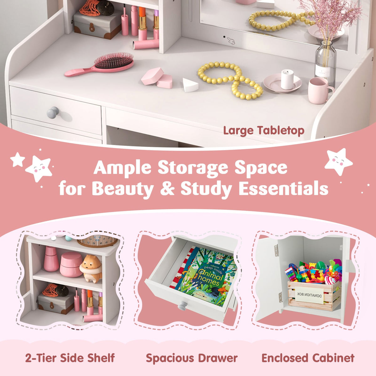 Kids Vanity Table and Chair Set with Shelves Drawer and Cabinet-White-Kids Vanities-DECOROLALA