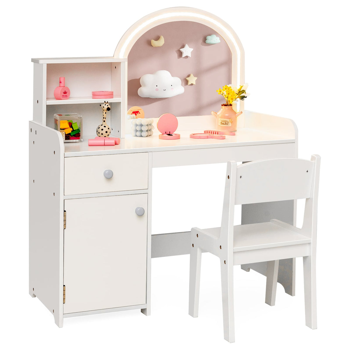 Kids Vanity Table and Chair Set with Shelves Drawer and Cabinet-White-Kids Vanities-DECOROLALA