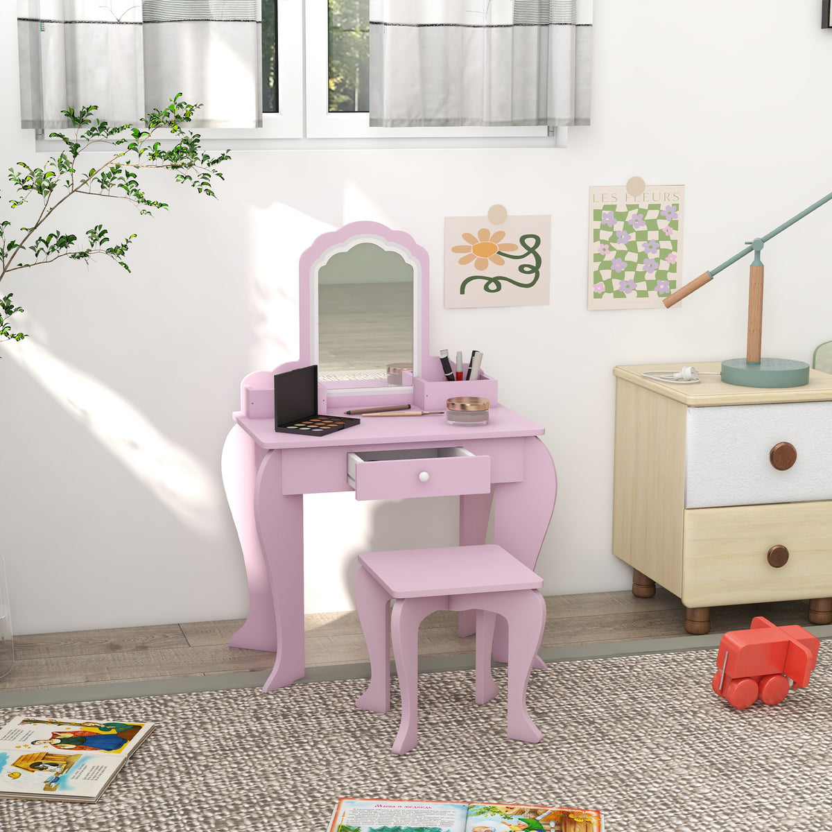 Aosom Kids Vanity Table and Stool Set - Cloud Design, Pink-Toys & Games > Toddler & Kids Furniture > Kids Bedroom Furniture-DECOROLALA