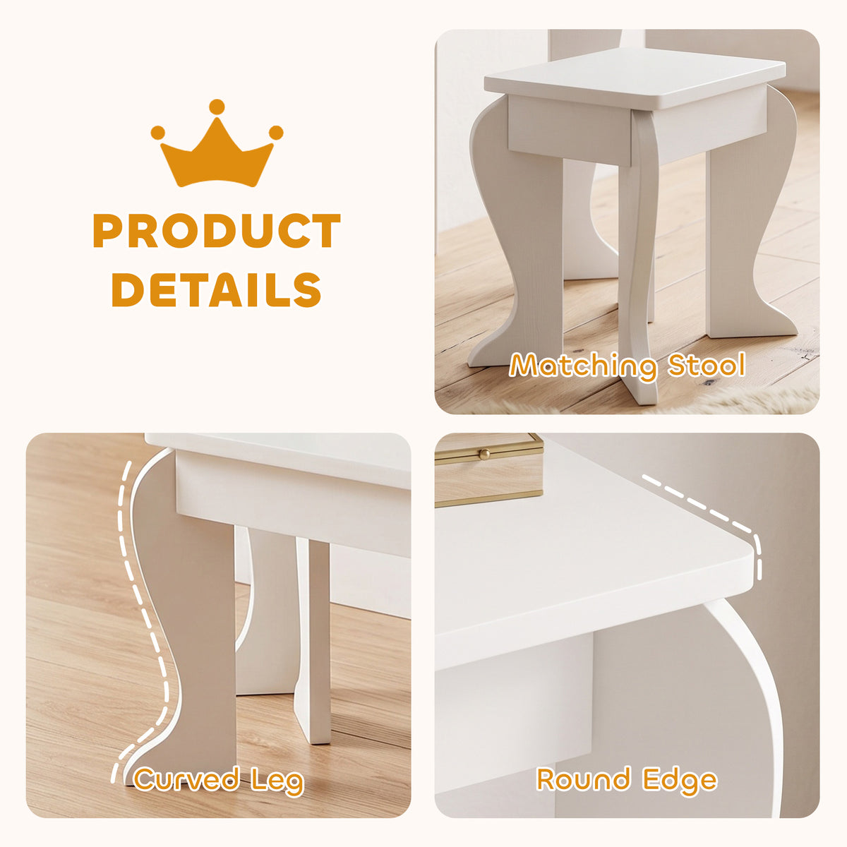 Aosom Kids Vanity Table and Stool Set - White 3-6 Years-Toys & Games > Toddler & Kids Furniture > Kids Bedroom Furniture-DECOROLALA