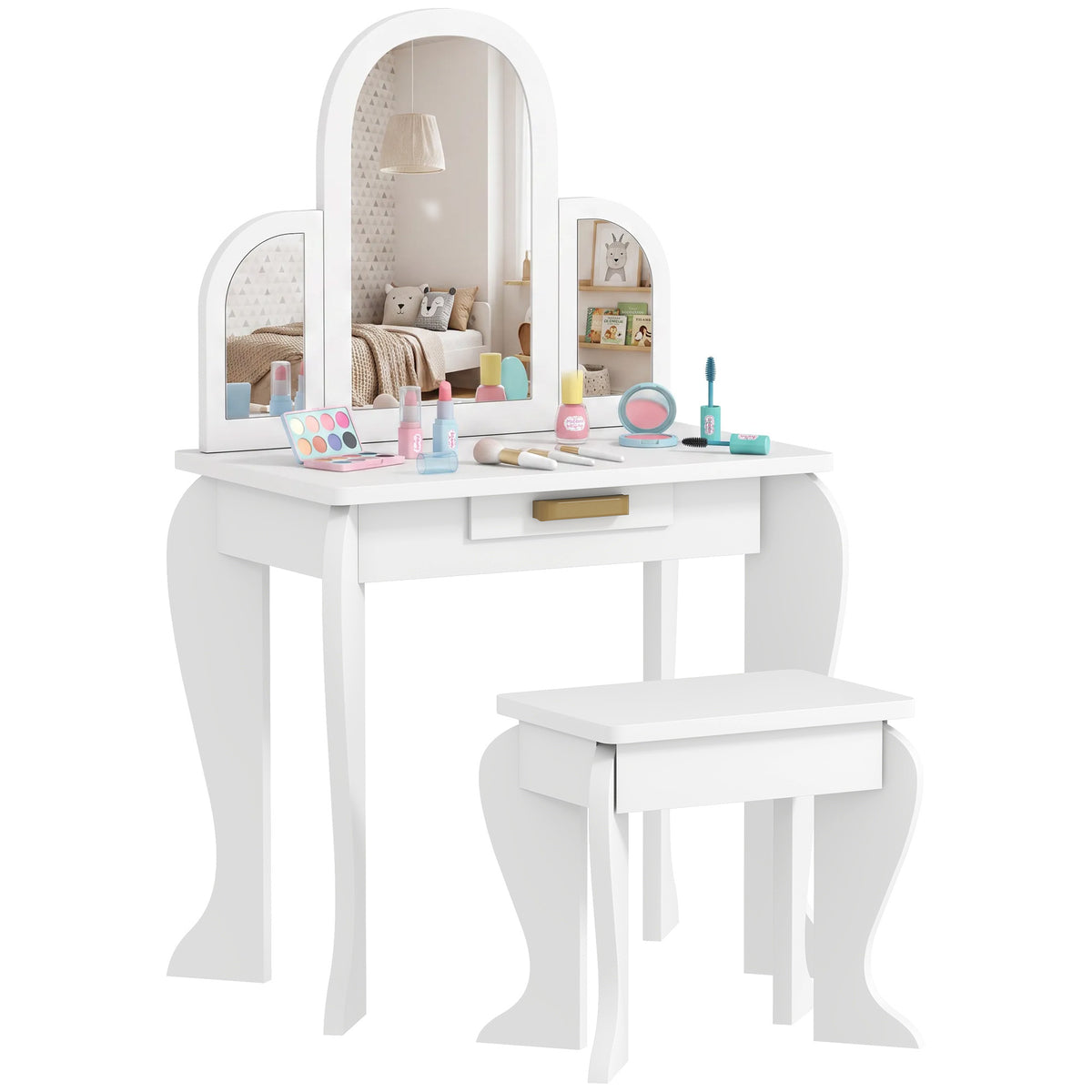 Aosom Kids Vanity Table and Stool Set - White 3-6 Years-Toys & Games > Toddler & Kids Furniture > Kids Bedroom Furniture-DECOROLALA