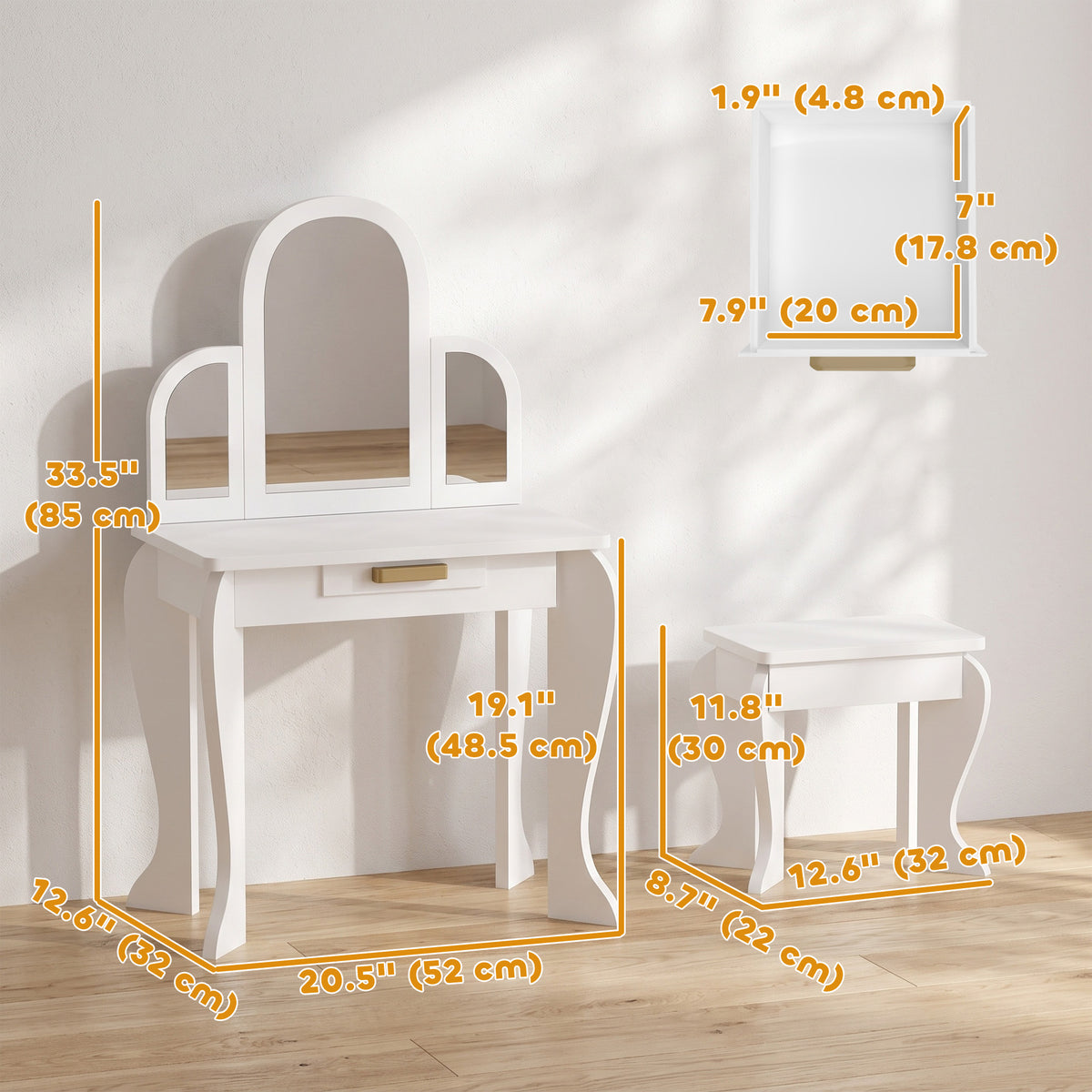 Aosom Kids Vanity Table and Stool Set - White 3-6 Years-Toys & Games > Toddler & Kids Furniture > Kids Bedroom Furniture-DECOROLALA