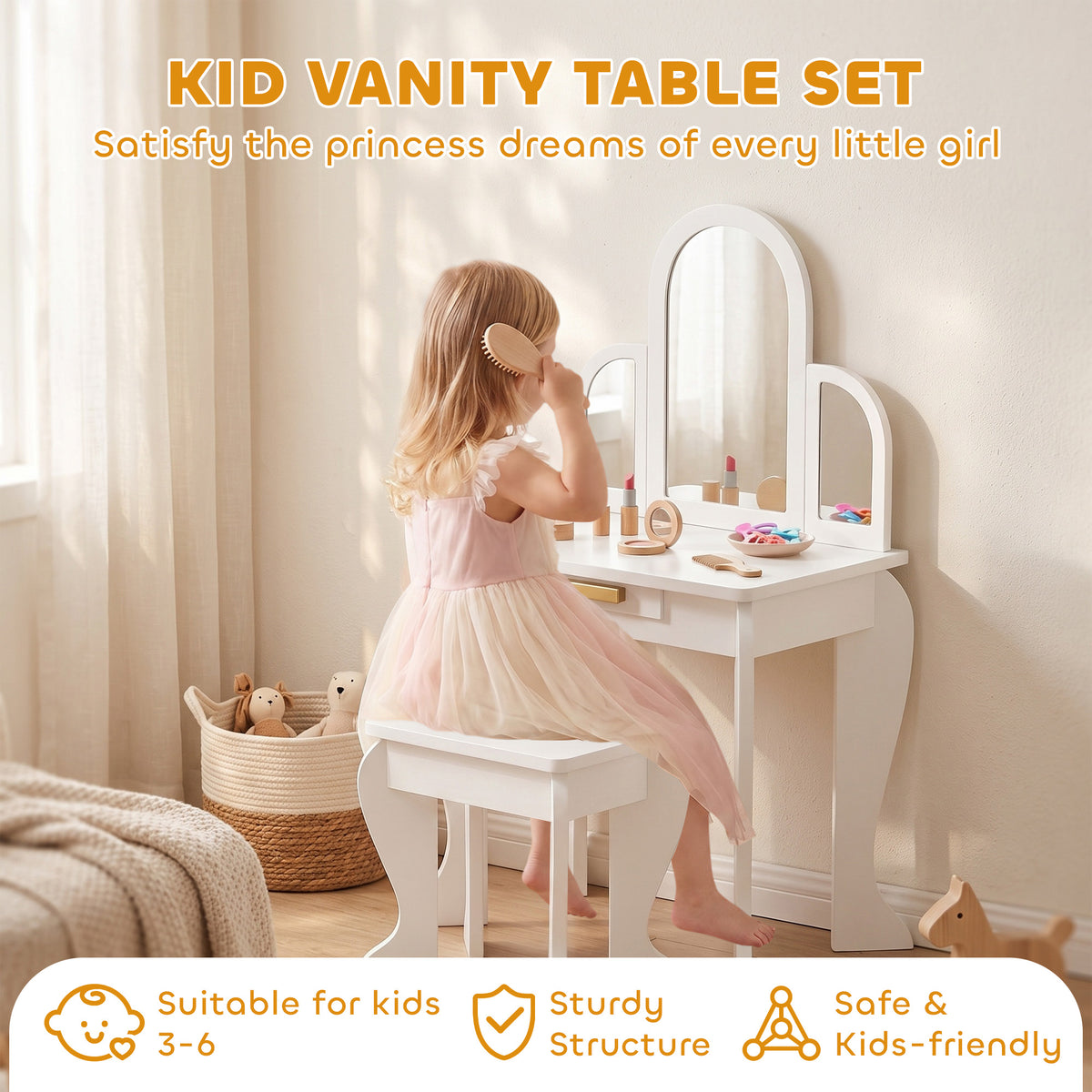 Aosom Kids Vanity Table and Stool Set - White 3-6 Years-Toys & Games > Toddler & Kids Furniture > Kids Bedroom Furniture-DECOROLALA