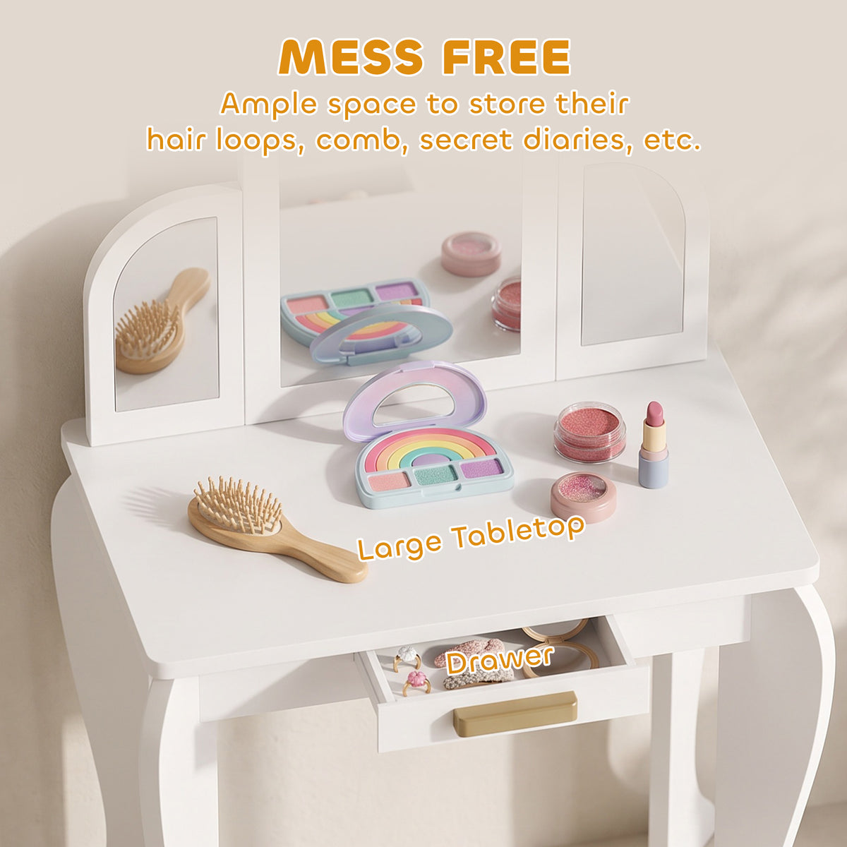 Aosom Kids Vanity Table and Stool Set - White 3-6 Years-Toys & Games > Toddler & Kids Furniture > Kids Bedroom Furniture-DECOROLALA