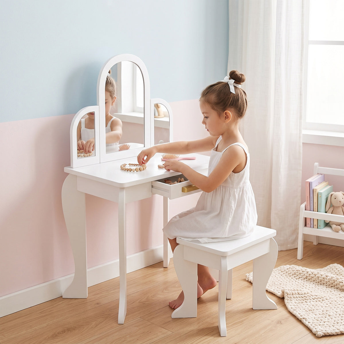 Aosom Kids Vanity Table and Stool Set - White 3-6 Years-Toys & Games > Toddler & Kids Furniture > Kids Bedroom Furniture-DECOROLALA