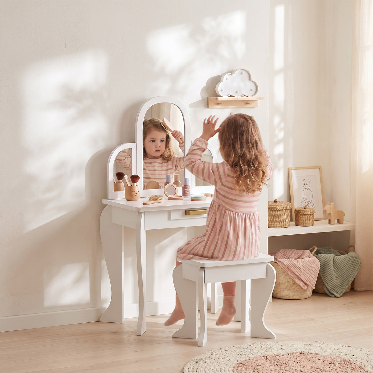 Aosom Kids Vanity Table and Stool Set - White 3-6 Years-Toys & Games > Toddler & Kids Furniture > Kids Bedroom Furniture-DECOROLALA