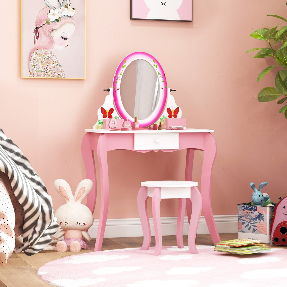 Kids Vanity Table and Stool Set with 360° Rotating Mirror and Whiteboard-Pink-Kids Vanities-DECOROLALA