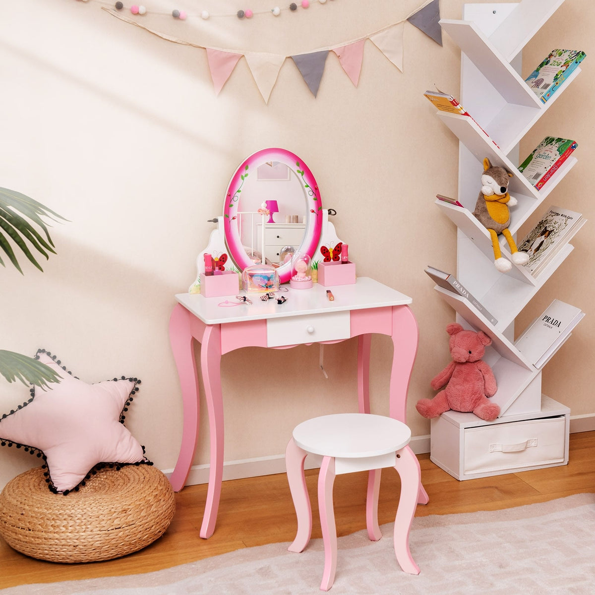 Kids Vanity Table and Stool Set with 360° Rotating Mirror and Whiteboard-Pink-Kids Vanities-DECOROLALA