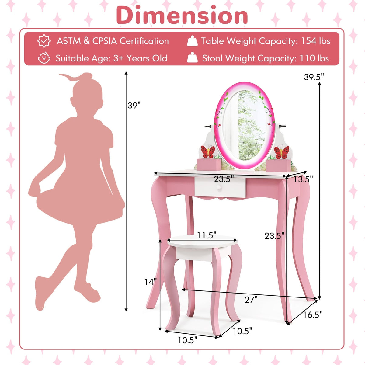 Kids Vanity Table and Stool Set with 360° Rotating Mirror and Whiteboard-Pink-Kids Vanities-DECOROLALA