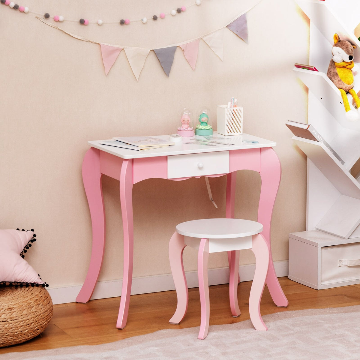 Kids Vanity Table and Stool Set with 360° Rotating Mirror and Whiteboard-Pink-Kids Vanities-DECOROLALA