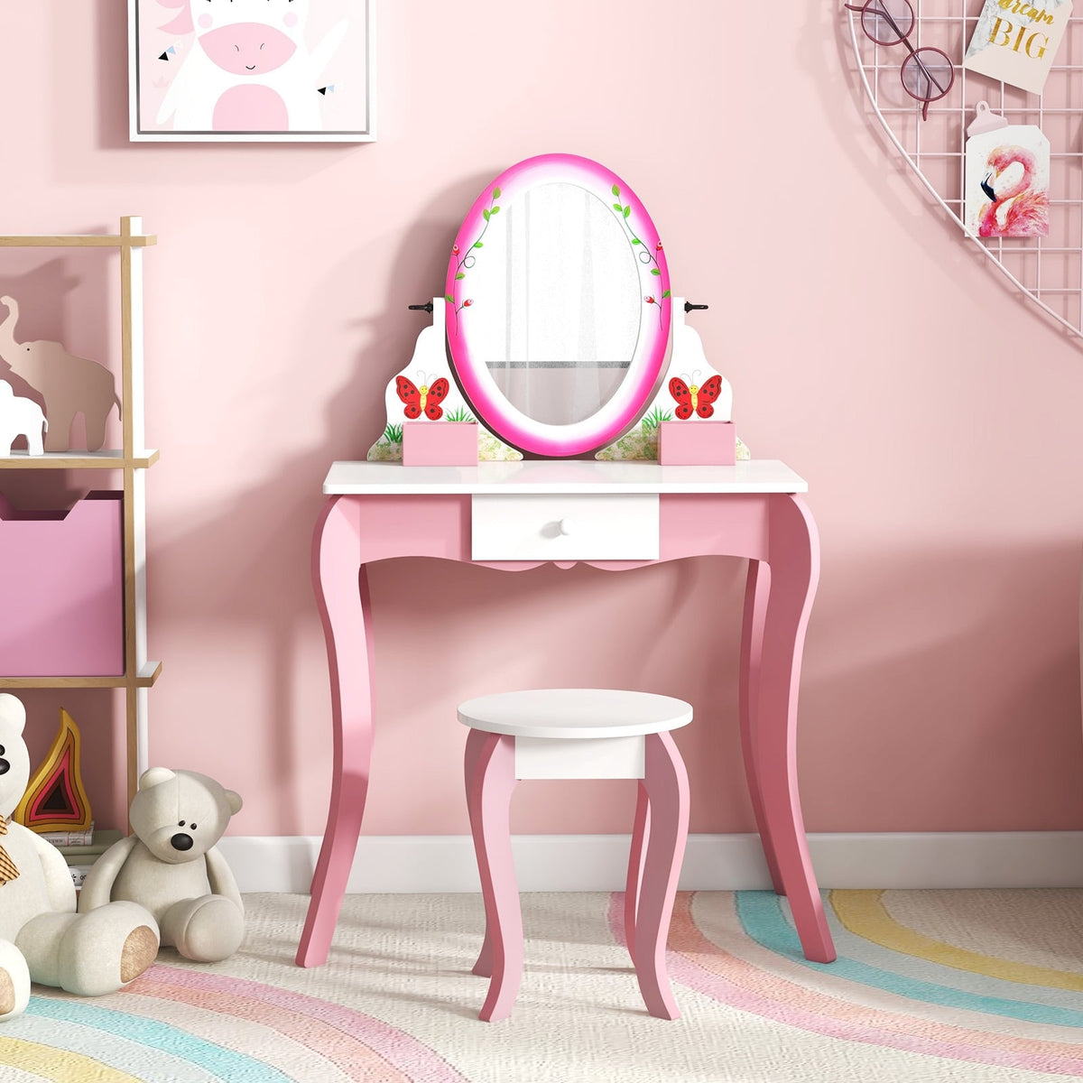 Kids Vanity Table and Stool Set with 360° Rotating Mirror and Whiteboard-Pink-Kids Vanities-DECOROLALA