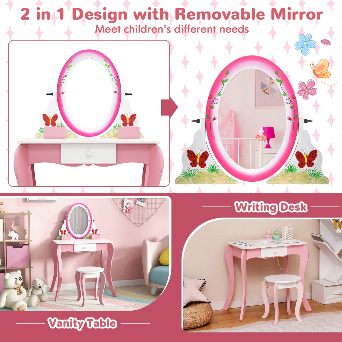 Kids Vanity Table and Stool Set with 360° Rotating Mirror and Whiteboard-Pink-Kids Vanities-DECOROLALA