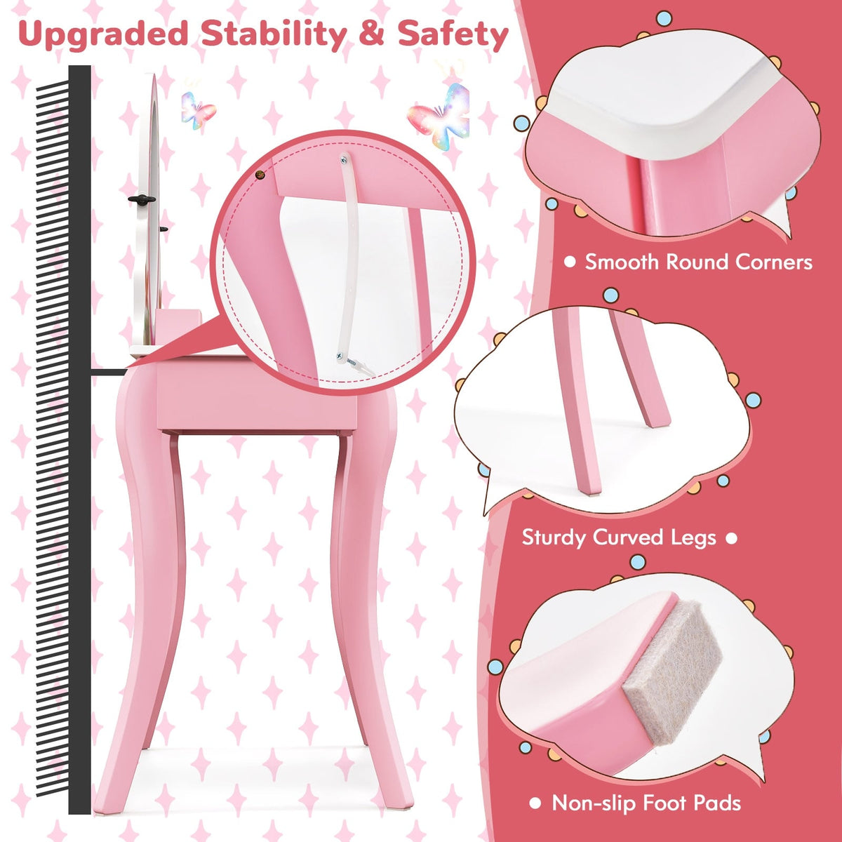 Kids Vanity Table and Stool Set with 360° Rotating Mirror and Whiteboard-Pink-Kids Vanities-DECOROLALA