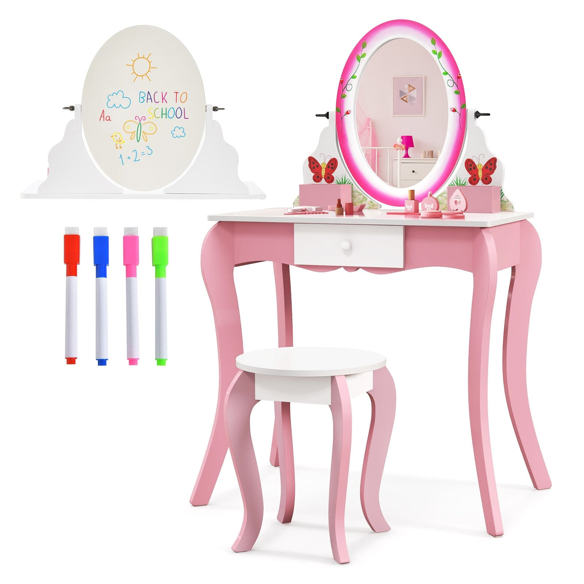 Kids Vanity Table and Stool Set with 360° Rotating Mirror and Whiteboard-Pink-Kids Vanities-DECOROLALA