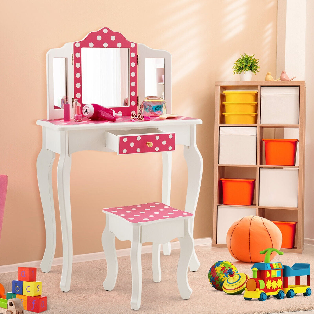 Kids Vanity Table and Stool Set with Cute Polka Dot Print-Pink-Kids Vanities-DECOROLALA