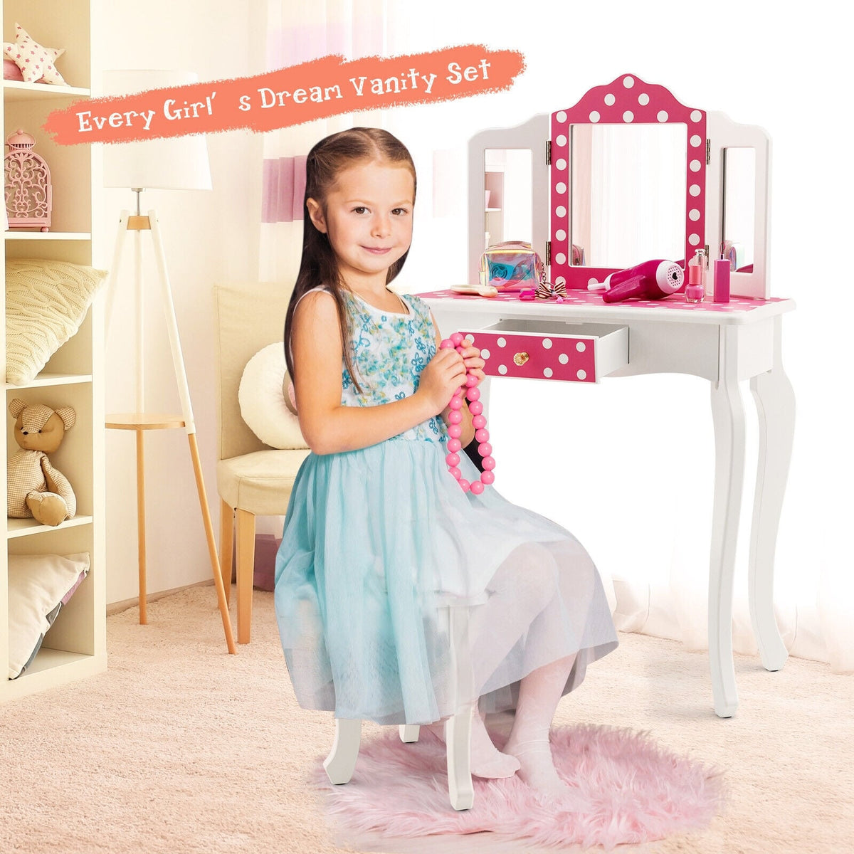 Kids Vanity Table and Stool Set with Cute Polka Dot Print-Pink-Kids Vanities-DECOROLALA