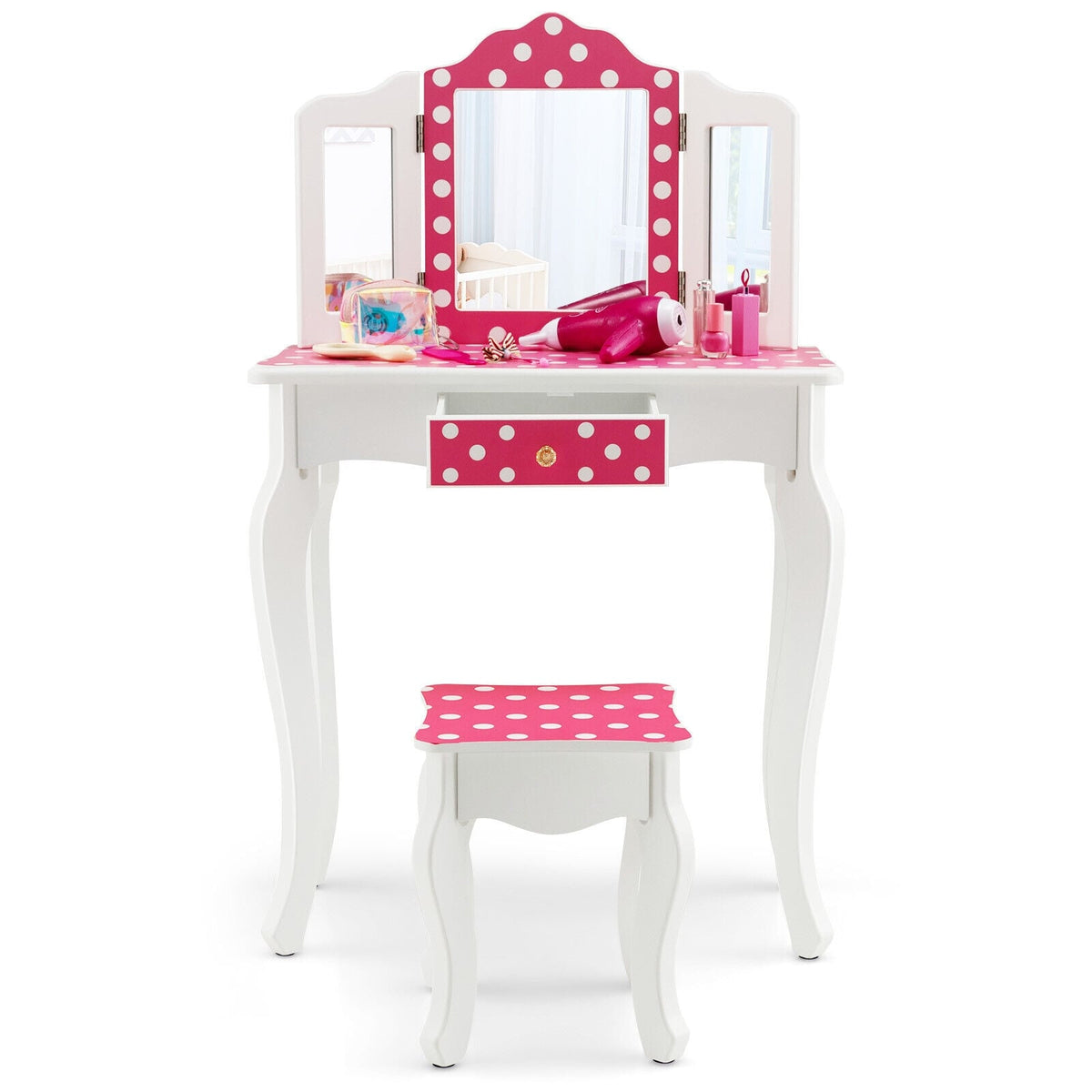 Kids Vanity Table and Stool Set with Cute Polka Dot Print-Pink-Kids Vanities-DECOROLALA
