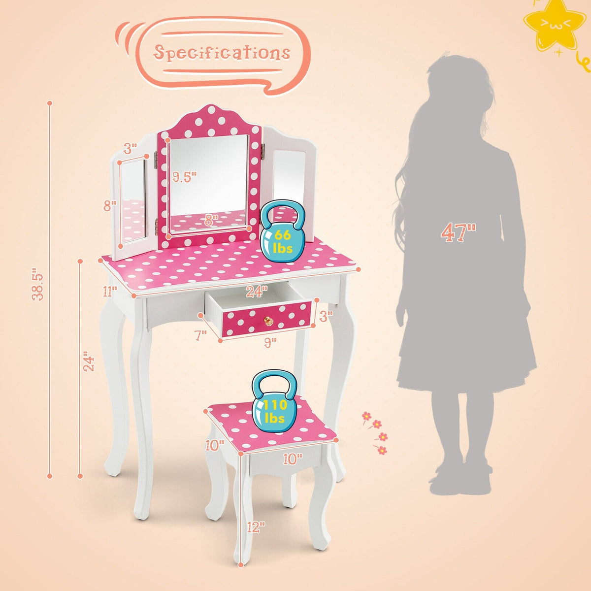 Kids Vanity Table and Stool Set with Cute Polka Dot Print-Pink-Kids Vanities-DECOROLALA