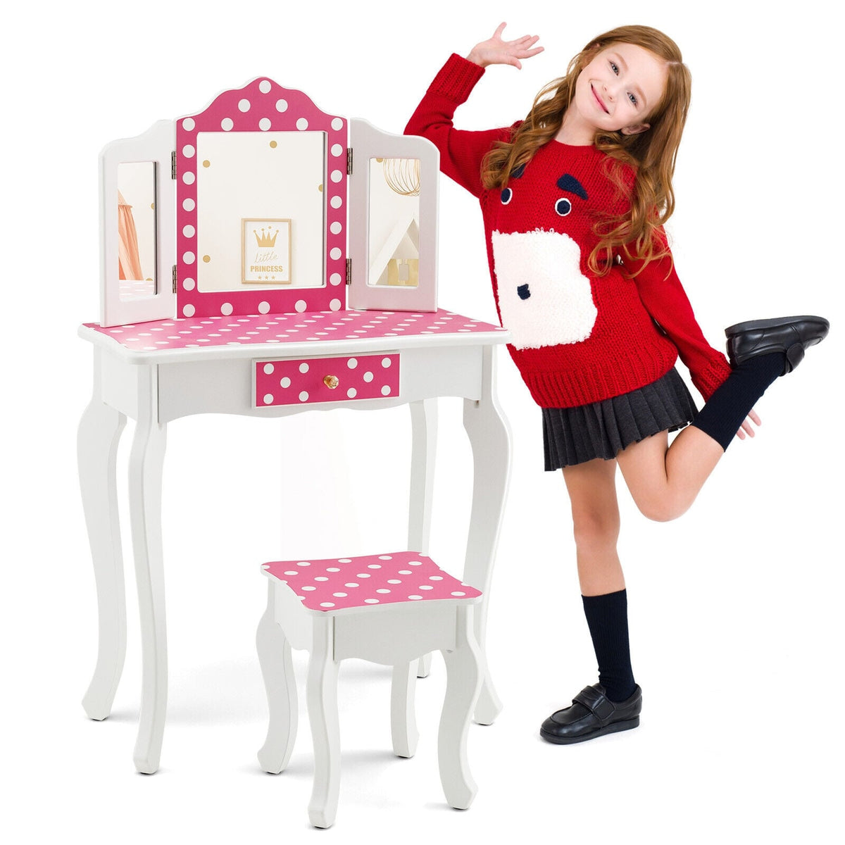 Kids Vanity Table and Stool Set with Cute Polka Dot Print-Pink-Kids Vanities-DECOROLALA