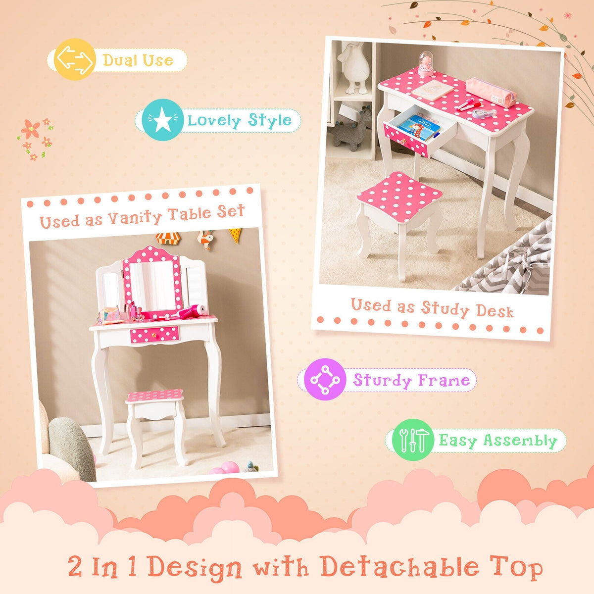 Kids Vanity Table and Stool Set with Cute Polka Dot Print-Pink-Kids Vanities-DECOROLALA