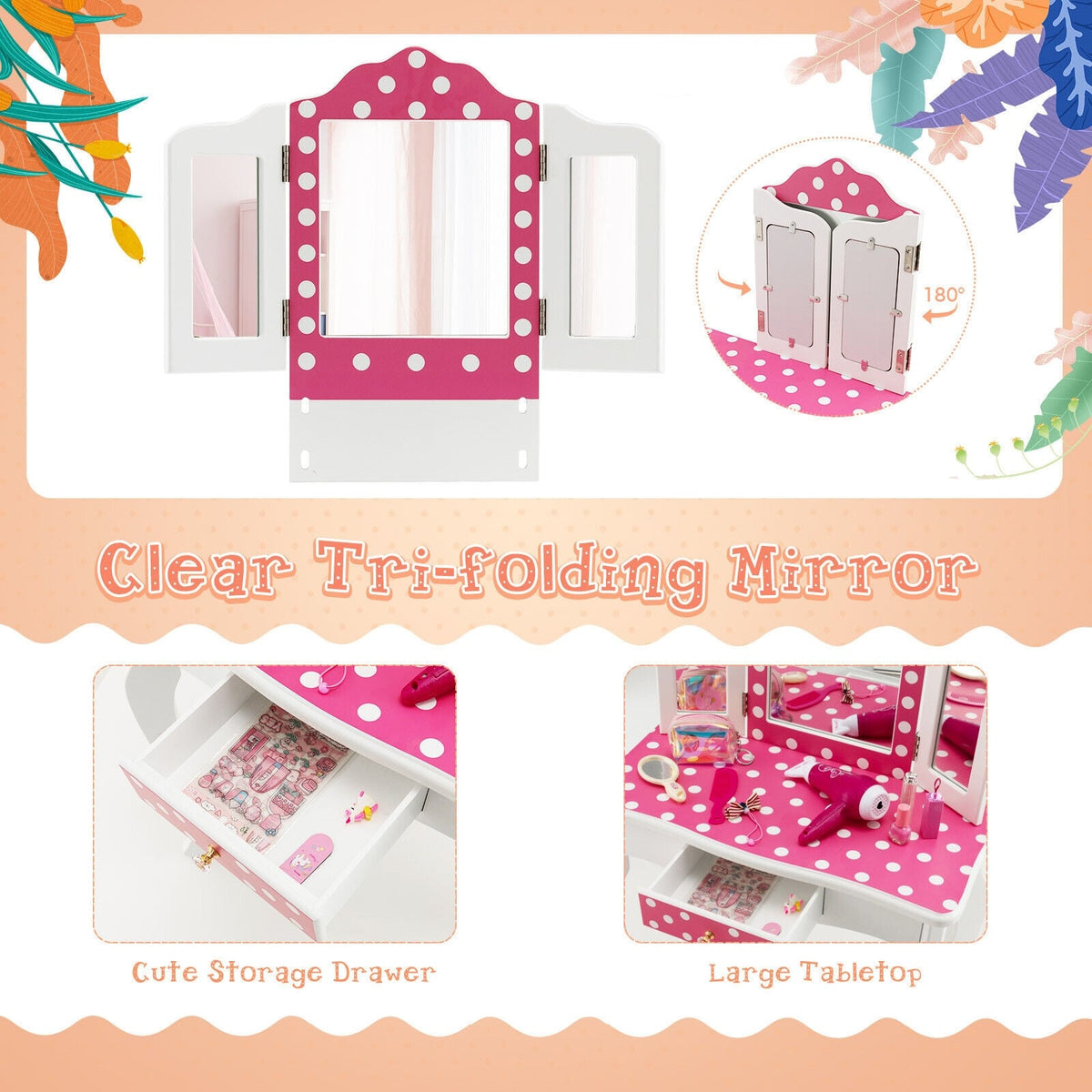 Kids Vanity Table and Stool Set with Cute Polka Dot Print-Pink-Kids Vanities-DECOROLALA