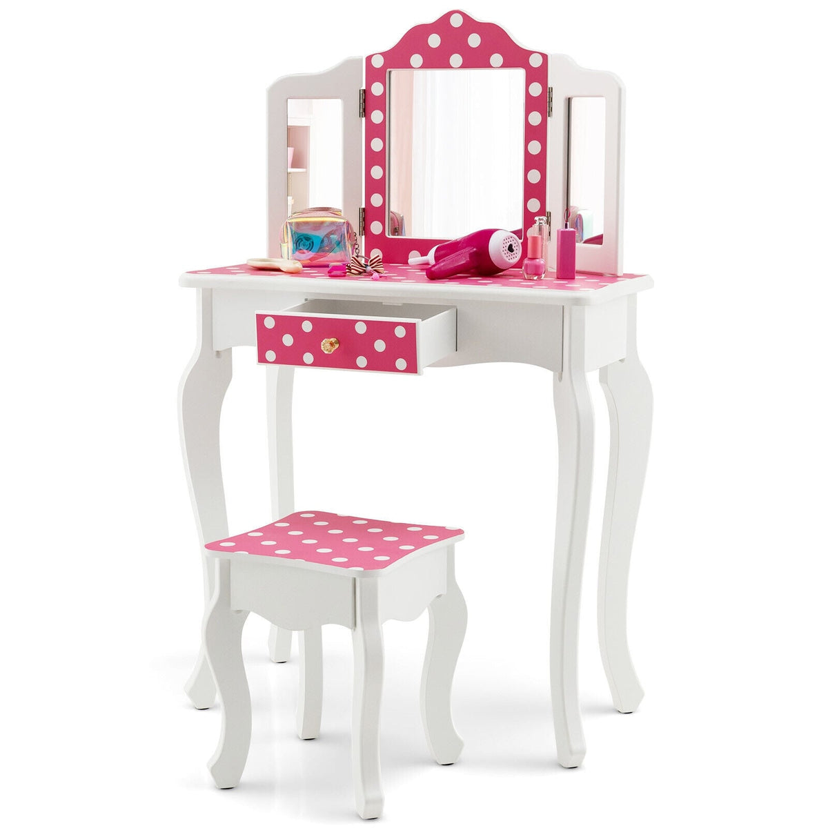 Kids Vanity Table and Stool Set with Cute Polka Dot Print-Pink-Kids Vanities-DECOROLALA