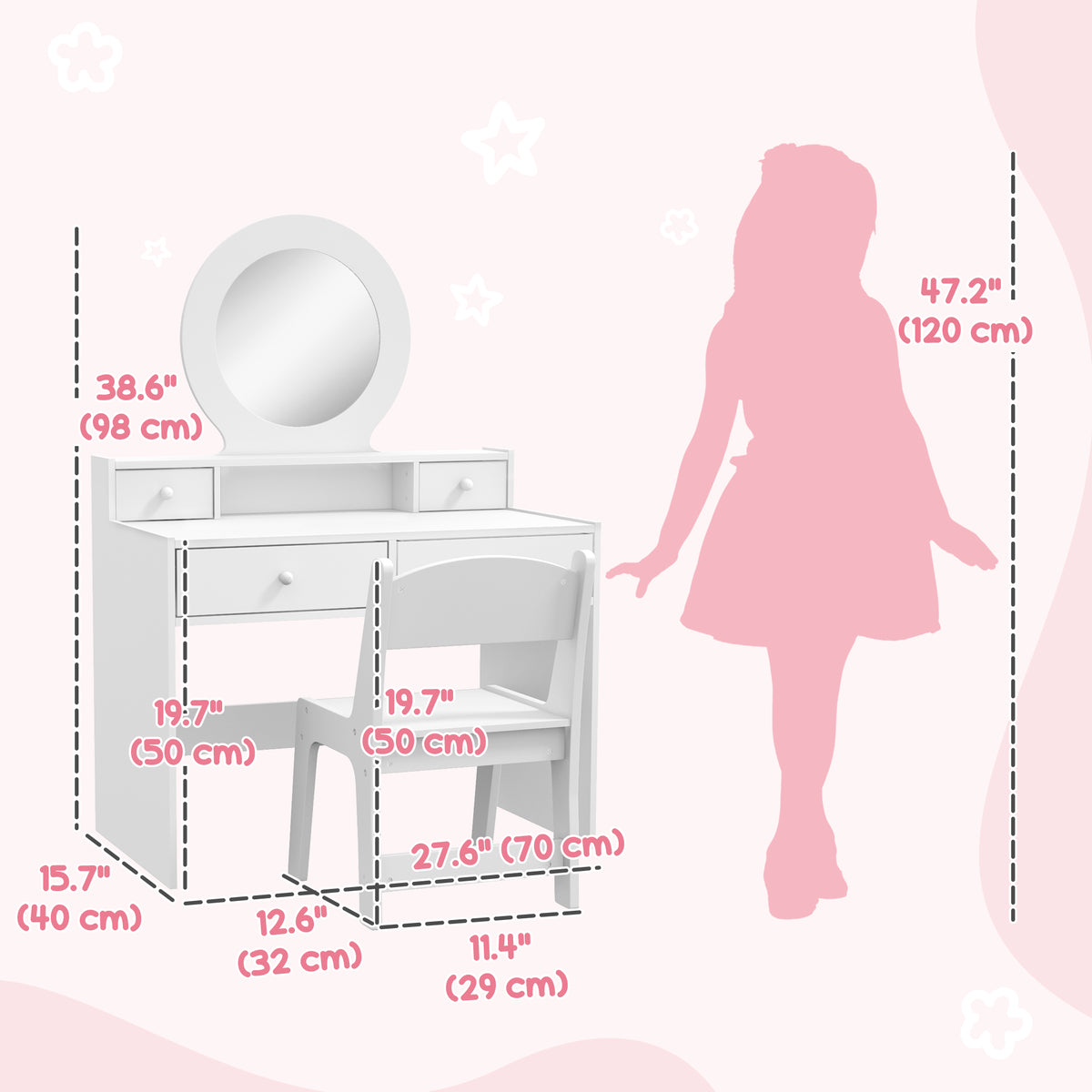 Kids Vanity Table and Stool Set with Mirror and 4 Drawers-Toys & Games > Toddler & Kids Furniture > Kids Bedroom Furniture-DECOROLALA