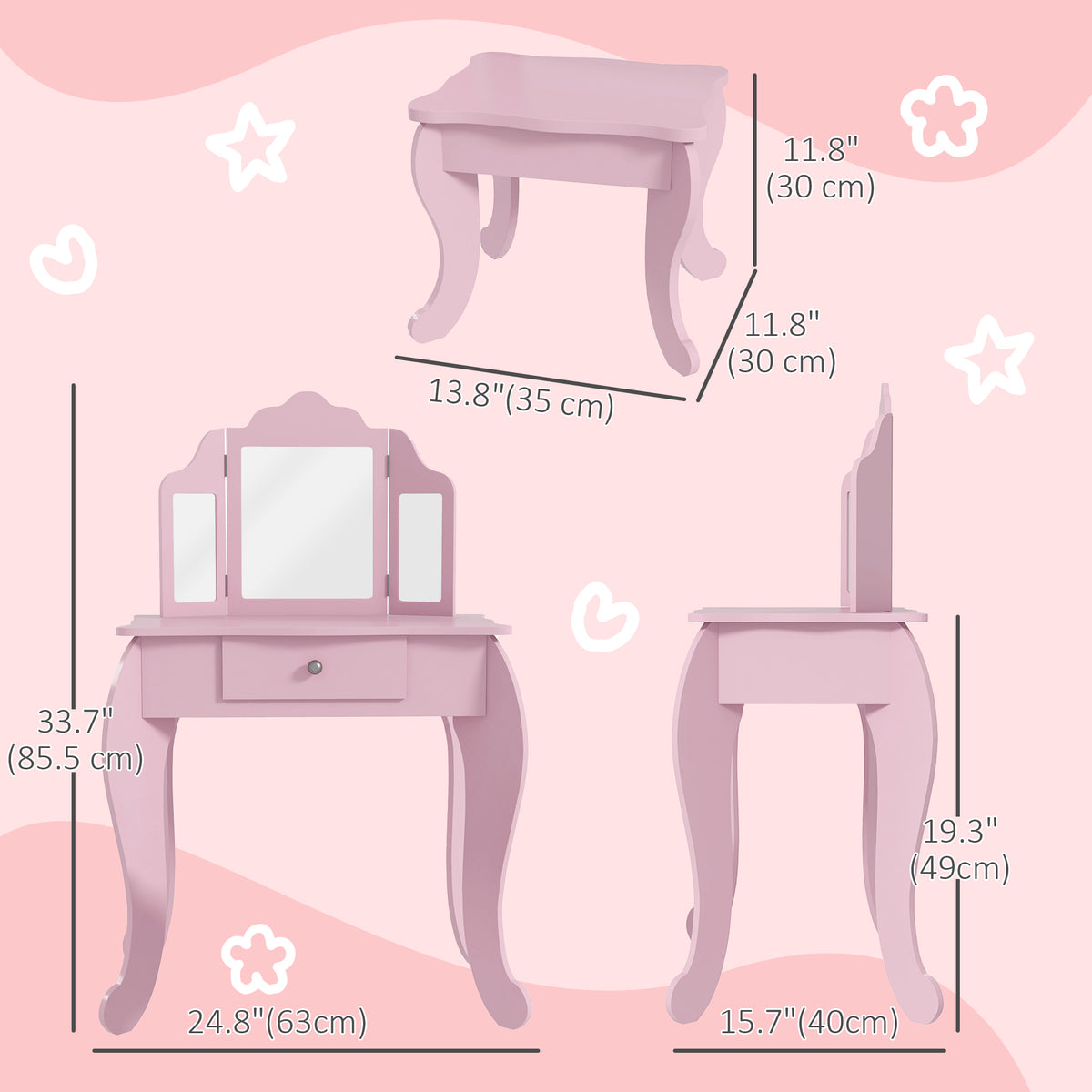 Kids Vanity Table and Stool Set with Tri-Folding Mirrors - Pink-Toys & Games > Toddler & Kids Furniture > Kids Bedroom Furniture-DECOROLALA