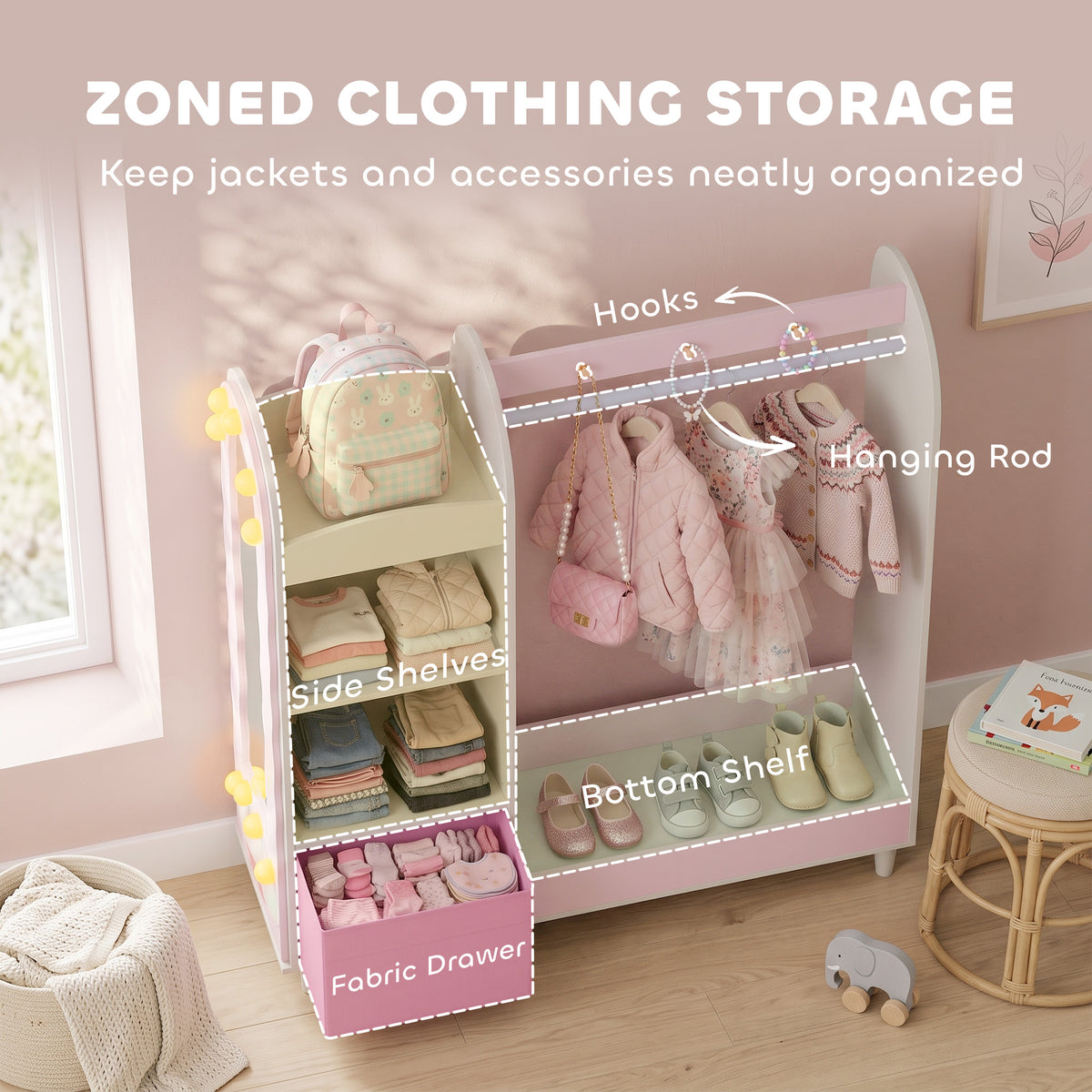 Kids Wardrobe Closet Organizer with Mirror and Lights - Pink-Toys & Games > Toddler & Kids Furniture > Kids Bedroom Furniture-DECOROLALA