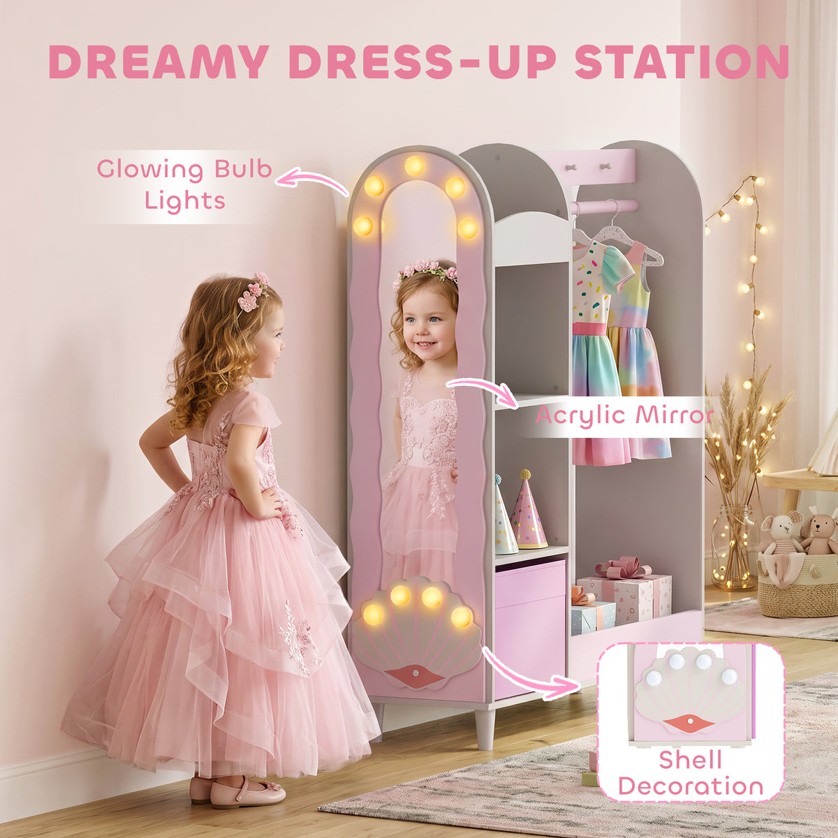 Kids Wardrobe Closet Organizer with Mirror and Lights - Pink-Toys & Games > Toddler & Kids Furniture > Kids Bedroom Furniture-DECOROLALA