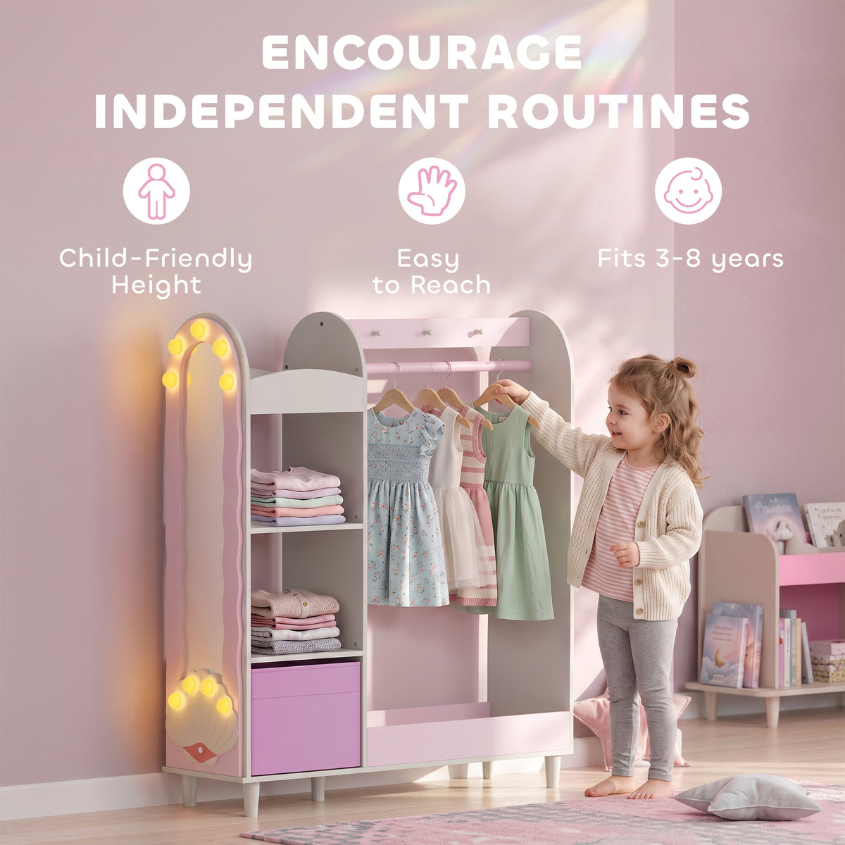 Kids Wardrobe Closet Organizer with Mirror and Lights - Pink-Toys & Games > Toddler & Kids Furniture > Kids Bedroom Furniture-DECOROLALA