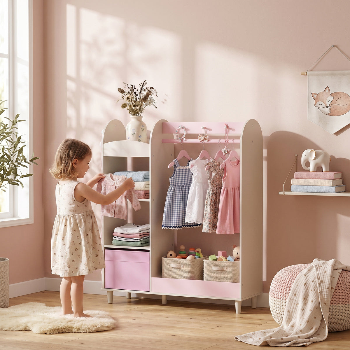 Kids Wardrobe Closet Organizer with Mirror and Lights - Pink-Toys & Games > Toddler & Kids Furniture > Kids Bedroom Furniture-DECOROLALA