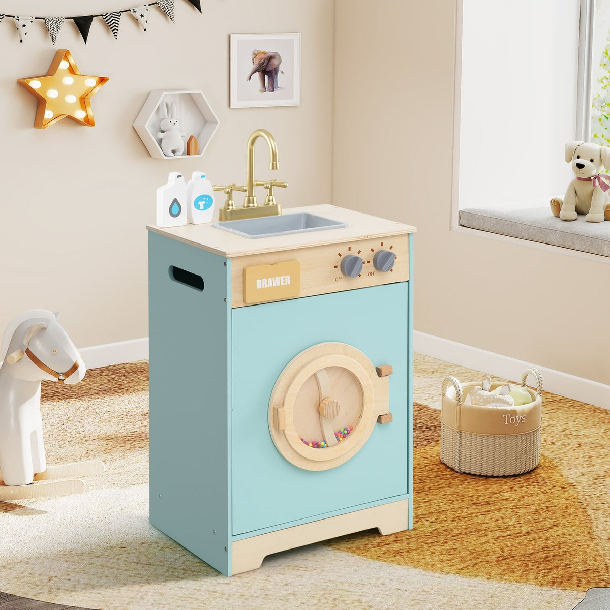 Kids Washer Playset Toy Washing Machine with Laundry Detergent-Blue-Pretend Toys-DECOROLALA