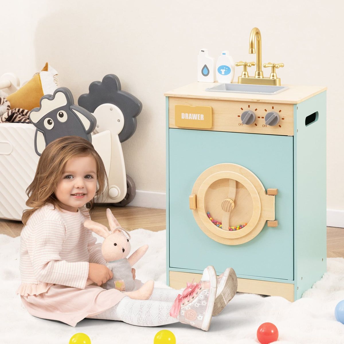 Kids Washer Playset Toy Washing Machine with Laundry Detergent-Blue-Pretend Toys-DECOROLALA