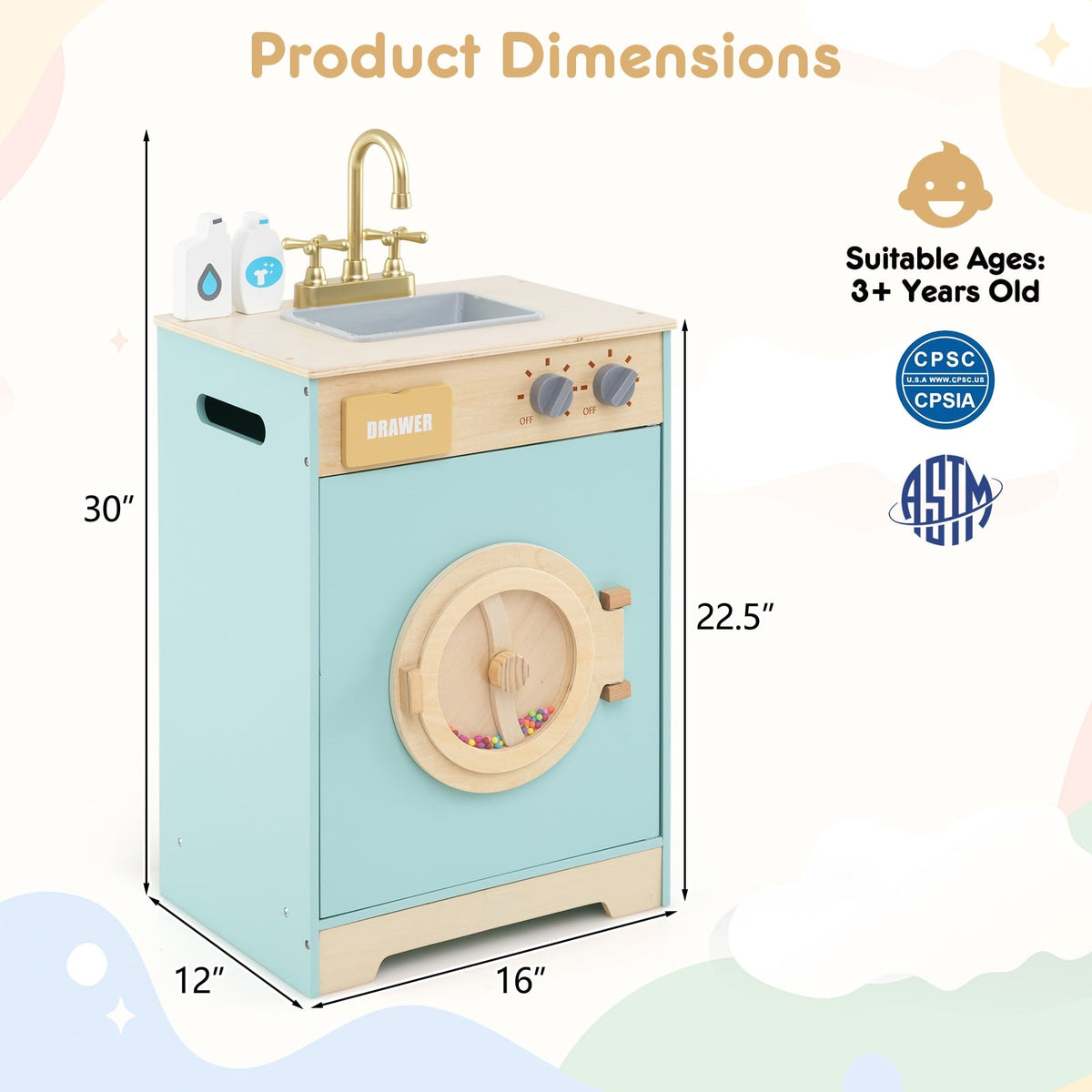 Kids Washer Playset Toy Washing Machine with Laundry Detergent-Blue-Pretend Toys-DECOROLALA