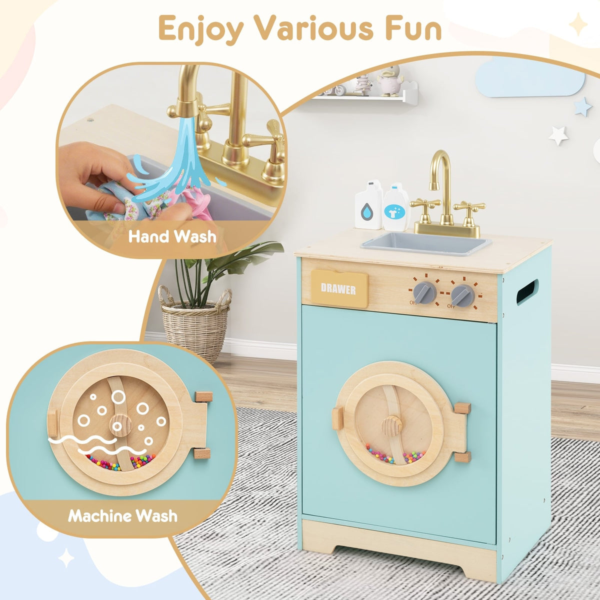 Kids Washer Playset Toy Washing Machine with Laundry Detergent-Blue-Pretend Toys-DECOROLALA