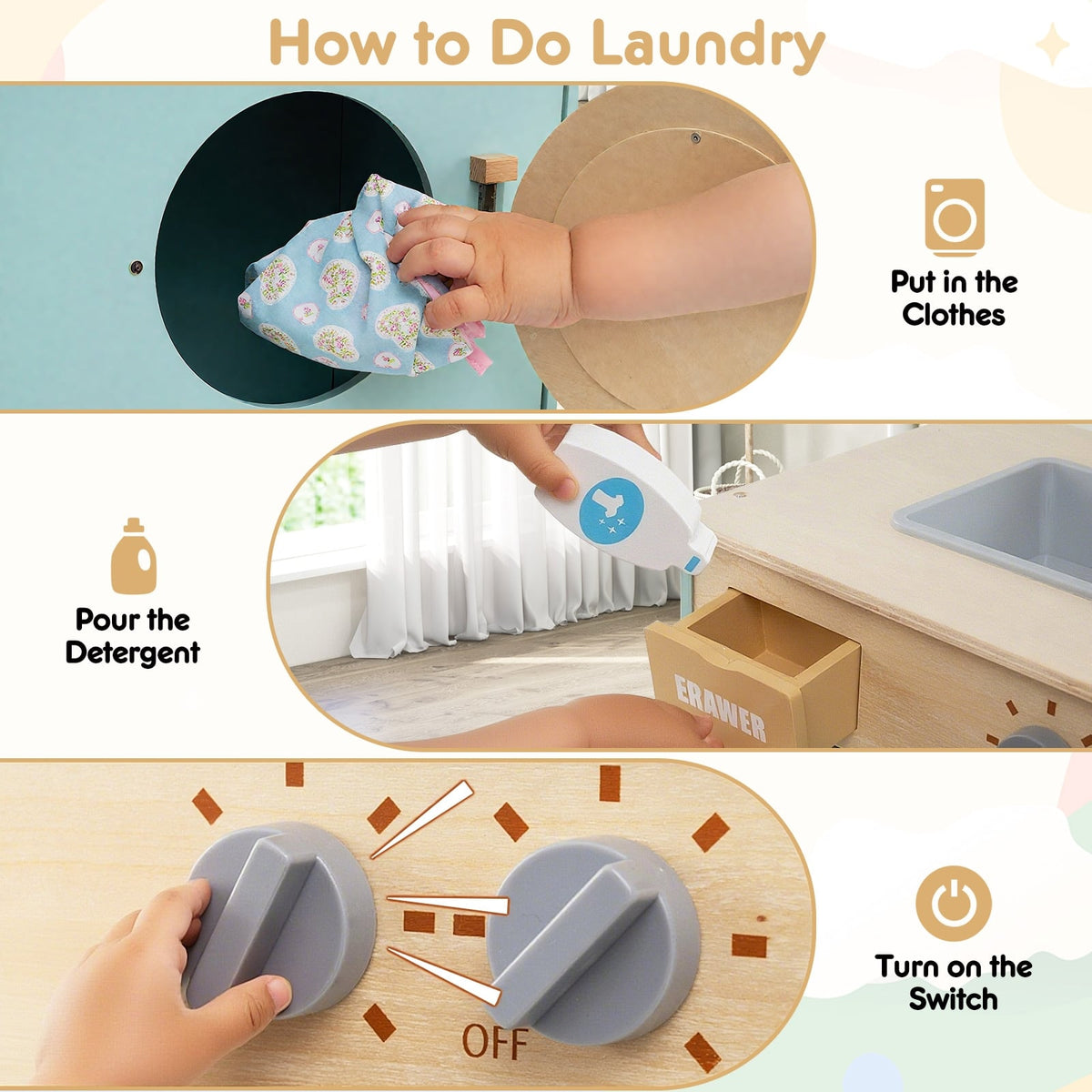 Kids Washer Playset Toy Washing Machine with Laundry Detergent-Blue-Pretend Toys-DECOROLALA