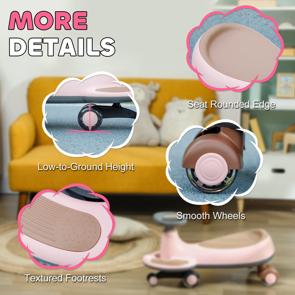 Kids Wiggle Car w/ Parent Traction Rope, Music, Light-Toys & Games > Baby & Toddler Toys > Riding & Rocking Toys-DECOROLALA