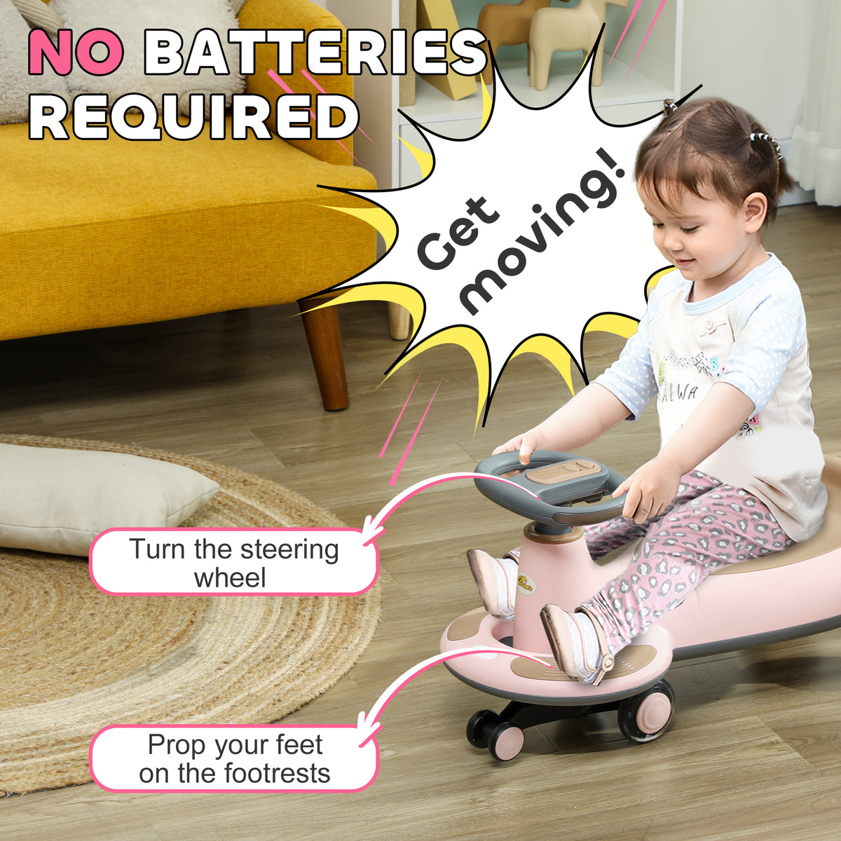 Kids Wiggle Car w/ Parent Traction Rope, Music, Light-Toys & Games > Baby & Toddler Toys > Riding & Rocking Toys-DECOROLALA