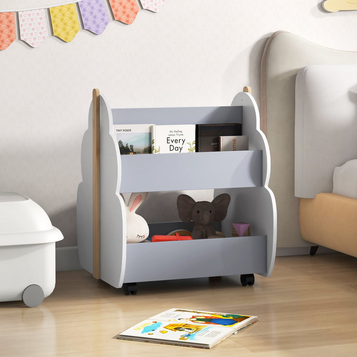 Kids Wooden Bookshelf with Universal Wheels-Gray-Kids Storage-DECOROLALA