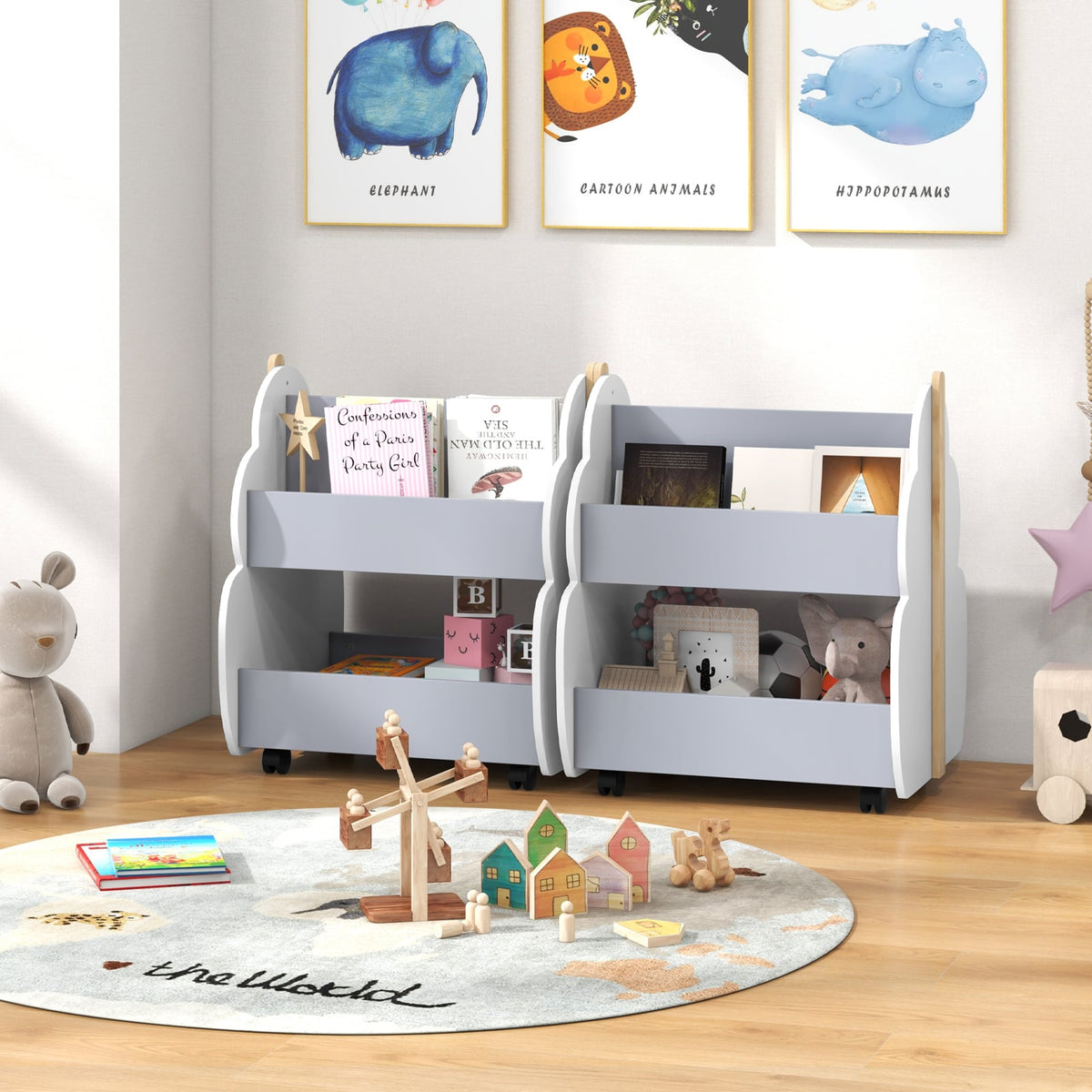 Kids Wooden Bookshelf with Universal Wheels-Gray-Kids Storage-DECOROLALA