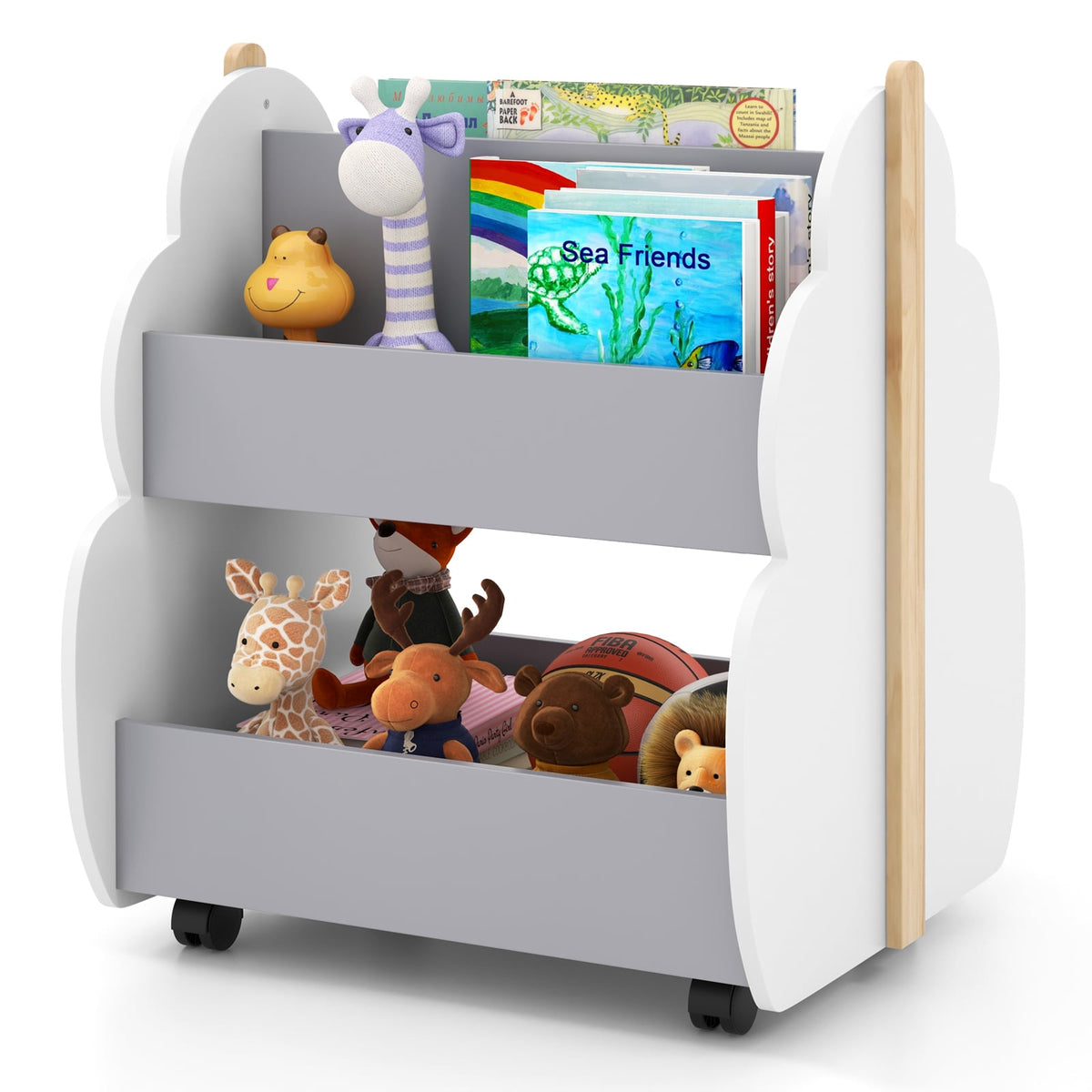 Kids Wooden Bookshelf with Universal Wheels-Gray-Kids Storage-DECOROLALA