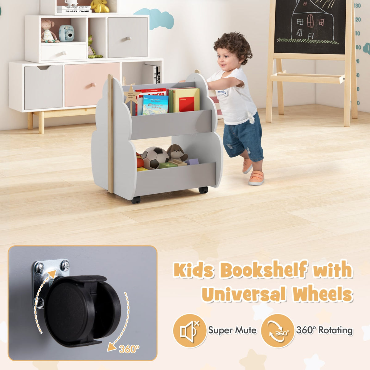 Kids Wooden Bookshelf with Universal Wheels-Gray-Kids Storage-DECOROLALA